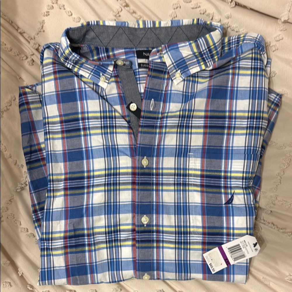 Nautica Men's Long Sleeve Blue Plaid Shirt